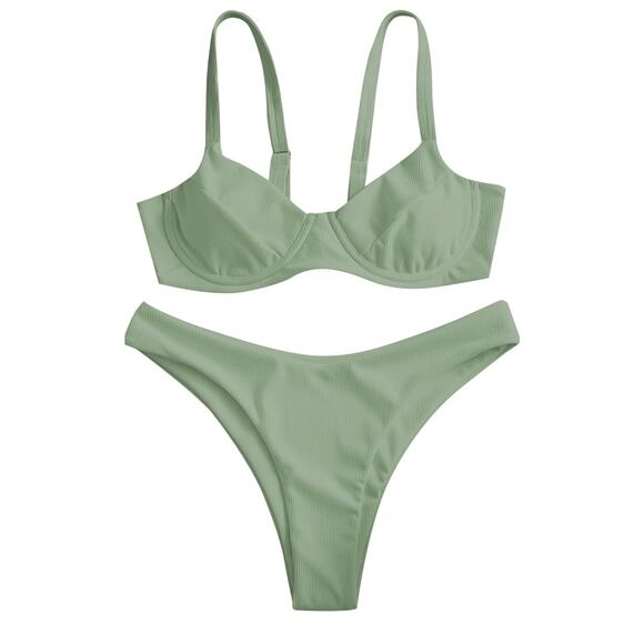 Sage Green Ribbed Bikini Set – High-Cut Two-Piece Swimsuit with Underwire Top - Picture 1 of 2